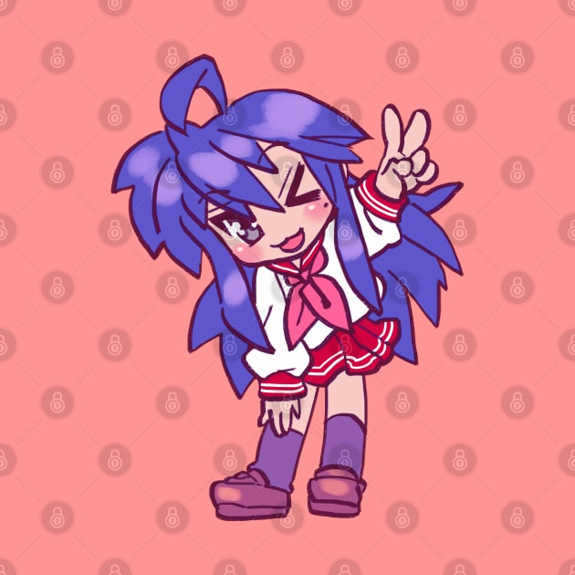 I draw bright pink chibi izumi konata doing a peace sign / lucky star by mudwizard