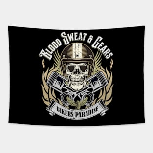 Biker Quote Skull Head Blood Sweat and Gears Tapestry