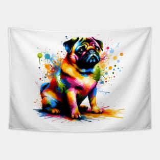 Artistic Colorful Splash Interpretation of Sitting Pug Tapestry