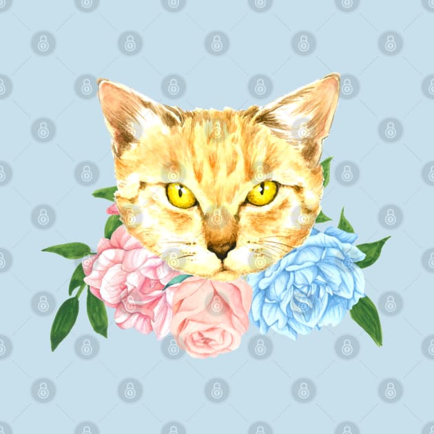 Cute Watercolor Cat with Flowers - Orange Cat by gabby.gp.designs