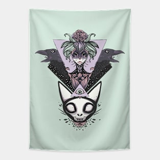 Witch, Cat Skull, Crows, And All Seeing Eye Of Providence Art Tapestry