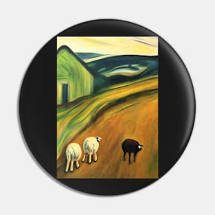 Colourful oil painting of a farm with sheep Pin