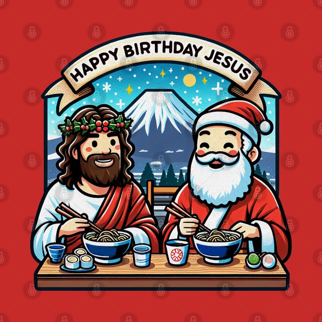 Happy Birthday Jesus Santa Claus Ramen Sushi Matcha Mount Fuji White Christmas by Plushism