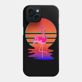 Pink Wading Flamingo in front of Retro Glitch Sunset Phone Case