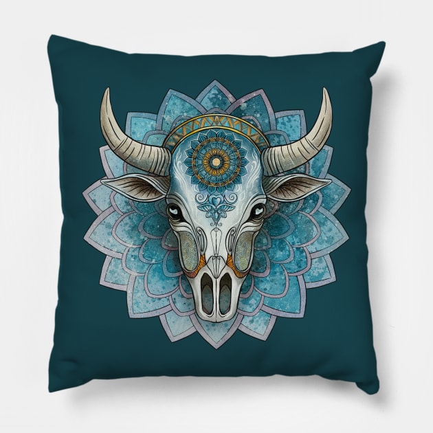 Cow skull mandala Pillow by Ange art