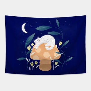 Cute white cat sleeping, mushroom and curious flowers version 2 Tapestry