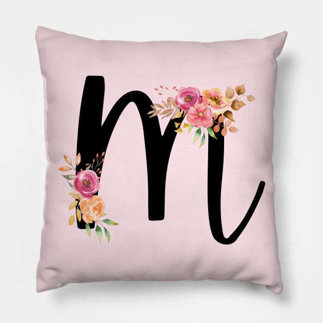 Letter M With Watercolor Floral Wreath Pillow by NatureGlow