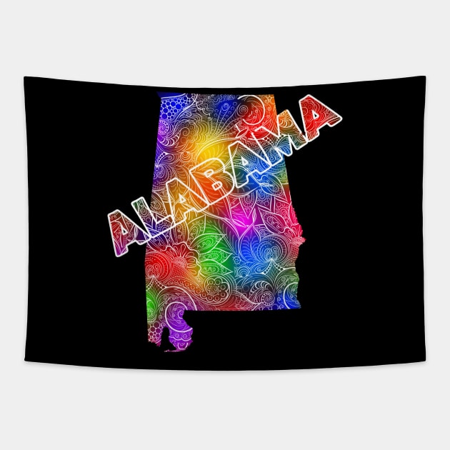 Colorful mandala art map of Alabama with text in multicolor pattern Tapestry by Happy Citizen