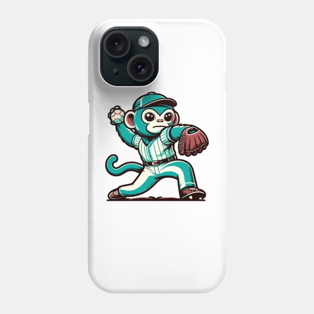 Throwback monkey pitcher - Vintage 1990s Cartoon Style Baseball Art Phone Case by TimeWarpWildlife