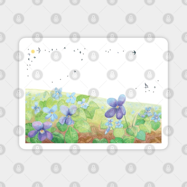 Wild Violet Hill & Swallows Illustration Magnet by Julia Doria Illustration