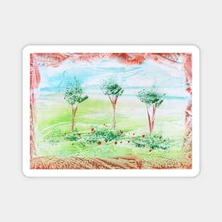 Summer landscape, trees and beautiful nature. Encaustic, art decoration, sketch Magnet