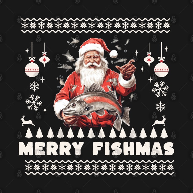 Merry Fishmas Santa Fishing Ugly Christmas Sweater by VisionDesigner