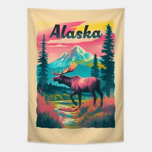Alaska Moose Mountain Trees Retro Risograph Design Souvenir Tapestry