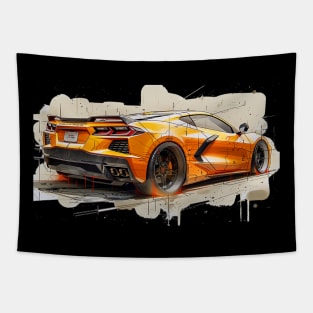 Amplify Orange C8 Corvette Rear View Supercar Racecar Engineering Sketch Printed on Back Corvette C8 Tapestry