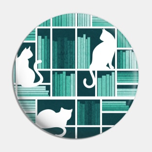 Rainbow bookshelf // monochromatic mint white shelf and library cats Pin