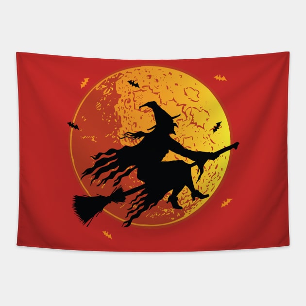 Moon Witch Flying Halloween Design Tapestry by Printaha