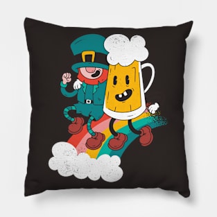 Leprechaun and Beer Mug Dancing on a Rainbow Pillow