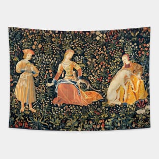 LADIES AND UNICORN AMONG FLOWERS, FOREST ANIMALS FLEMISH FLORAL Tapestry