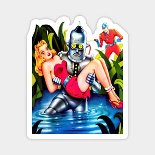 REVISTANGO #144 - Bound Beauty Kidnapped by Steel Robot as Hero Fires through Swamp Mist in Vibrant Reds, Metallic Blues, and Retro Futuristic Comic Brushwork 1950s Sci-Fi Vintage Magnet