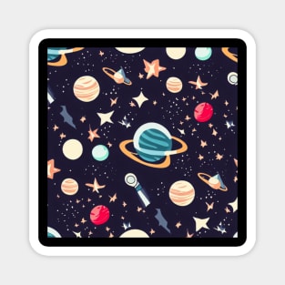A space-themed pattern featuring stars, planets, and other cosmic elements. Magnet