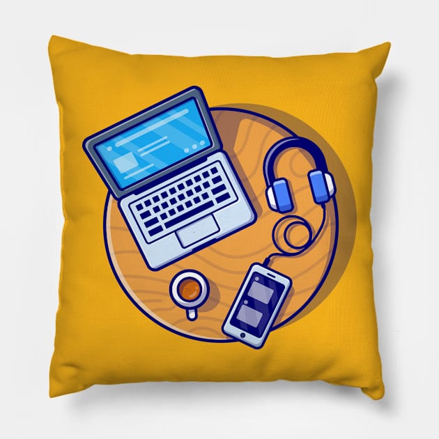 Laptop, Smartphone And Headphone Cartoon Pillow by Catalyst Labs