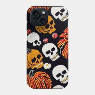 Embroidery stitch pumpkins and skulls in Mexican style with beads and fur pattern Phone Case