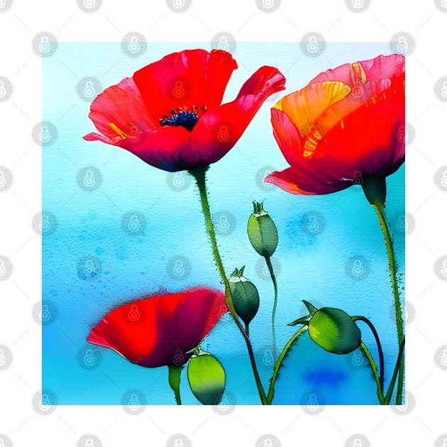 Spring Sky Red Poppy Flowers Digital Art (MD23Mrl001) by Maikell Designs