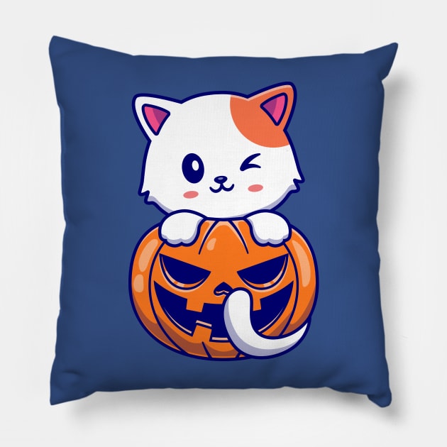 Cute Cat With Pumpkin Halloween Cartoon Pillow by Catalyst Labs