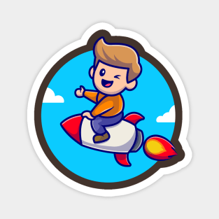 Cute Boy Riding Rocket Cartoon Illustration Magnet