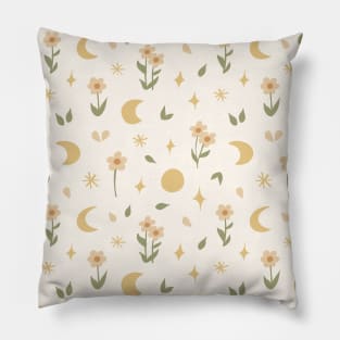Boho Meadow At Night Celestial Floral Pattern Beige Pillow