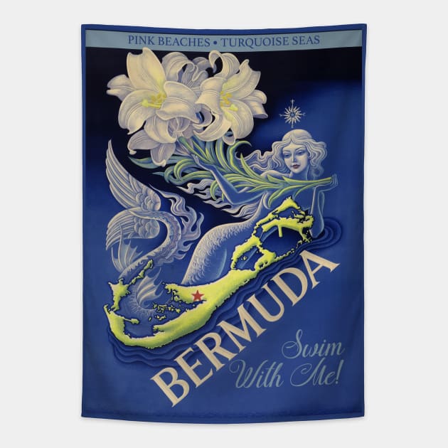 Bermuda Mermaid Vintage Travel ad Tapestry by LittleBean