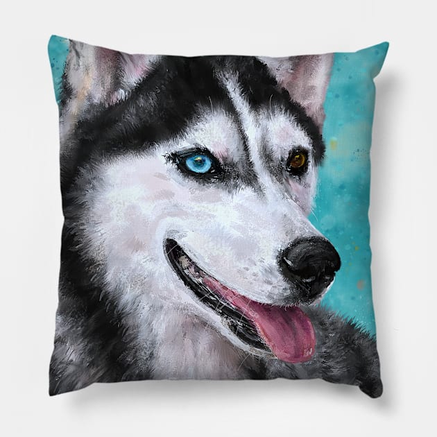 Beautiful Siberian Husky Painting with Turquoise background Pillow by ibadishi