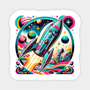 Cosmic Colors: Vibrant 1950s Spacecraft Journey Magnet