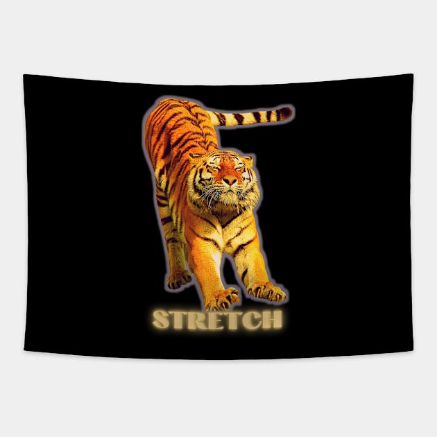 Large tiger doing a stretch exercise - silver gold 1 Tapestry by Blue Butterfly Designs 