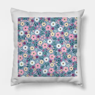 Pink Flowers Botanical Blue Design Pillow