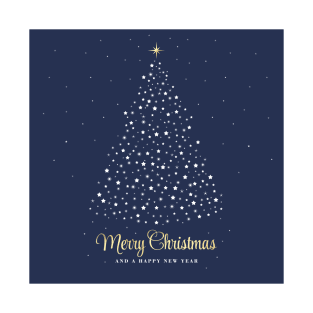 Merry Christmas and a Happy New Year. Minimalistic Christmas tree illustration. High quality Christmas blue white and gold starry illustration in minimalist style. T-Shirt