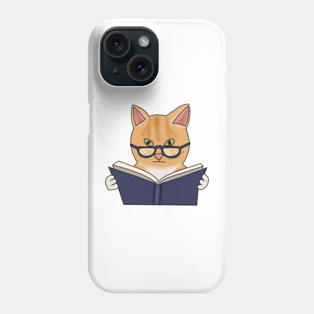 Cat in glasses reading book (fluffy orange cat) Phone Case by Becky-Marie