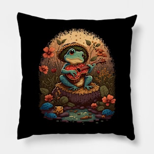 Cottagecore aesthetic cute frog playing ukelele on Mushroom Pillow