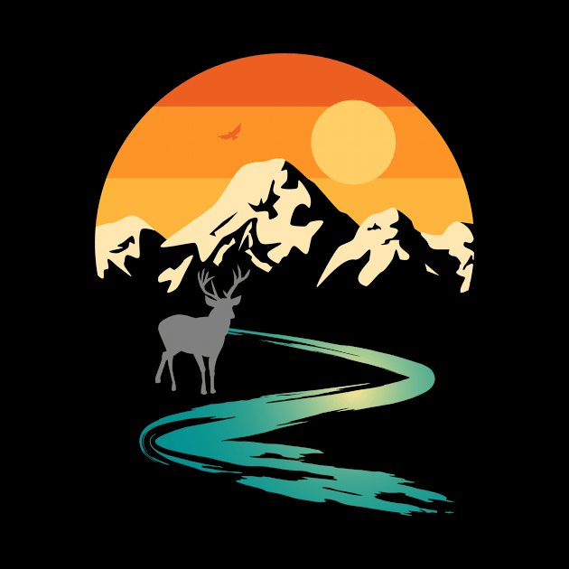 Sunset Mountain Stream with Deer by Dragonbudgie
