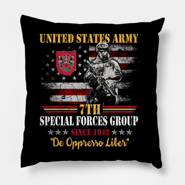 Proud US Army 7th Special Forces Group Flag "De Oppresso Liber" SFG - Gift for Veterans Day 4th of July or Patriotic Memorial Day Pillow by Oscar N Sims