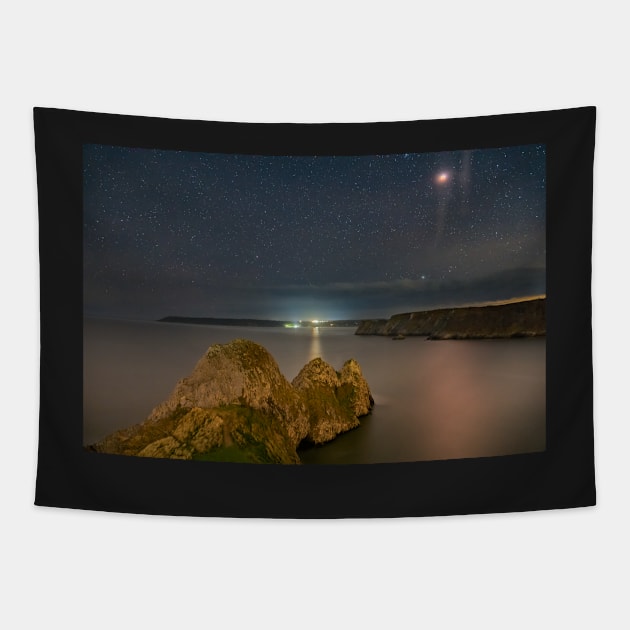 Super Blood Wolf Moon over Three Cliffs Bay, Gower Tapestry by dasantillo