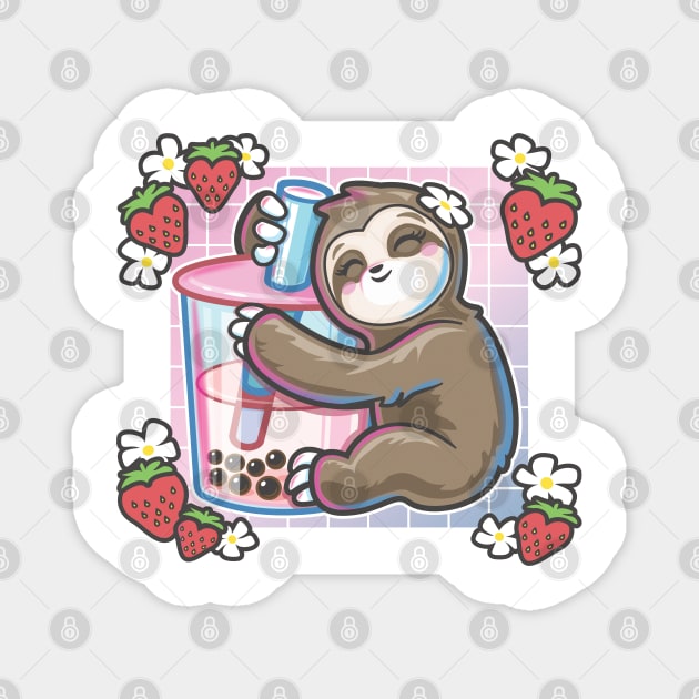 Kawaii Sloth Strawberry Milk Boba Tea Magnet by PnJ