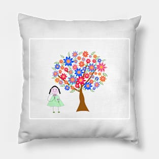 A flower tree with a girl and a bunch of flowers. Pillow