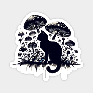 Funny Vintage Black Cat in Mushroom Garden Magnet