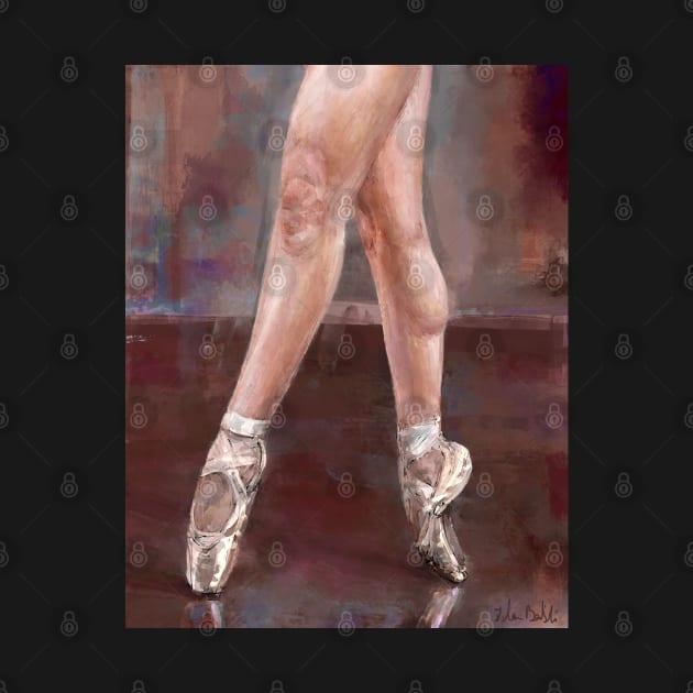 Painting of Ballet Dancer Legs and Shoes on Pointe, Maroon Background by ibadishi