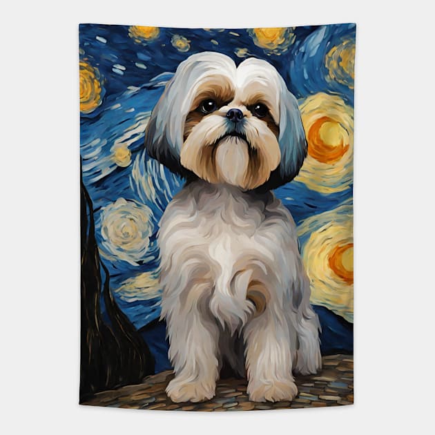 Shih Tzu Dog Breed Painting in a Van Gogh Starry Night Art Style Tapestry by Art-Jiyuu