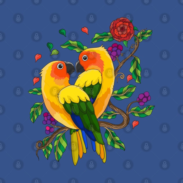 Perched parrot valentine hand drawn by Mako Design 