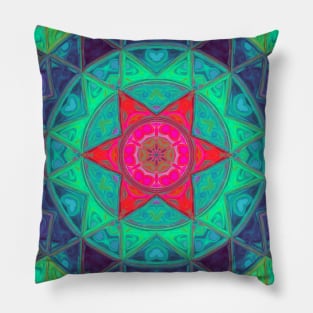 Mosaic Mandala Blue Green and Red Pillow