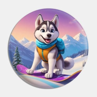 Happy Husky Dog on Snowboard Pin