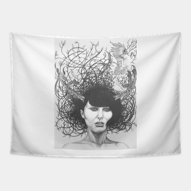 Fantasy drawing of woman woven in branches and horns Tapestry by DamiansART